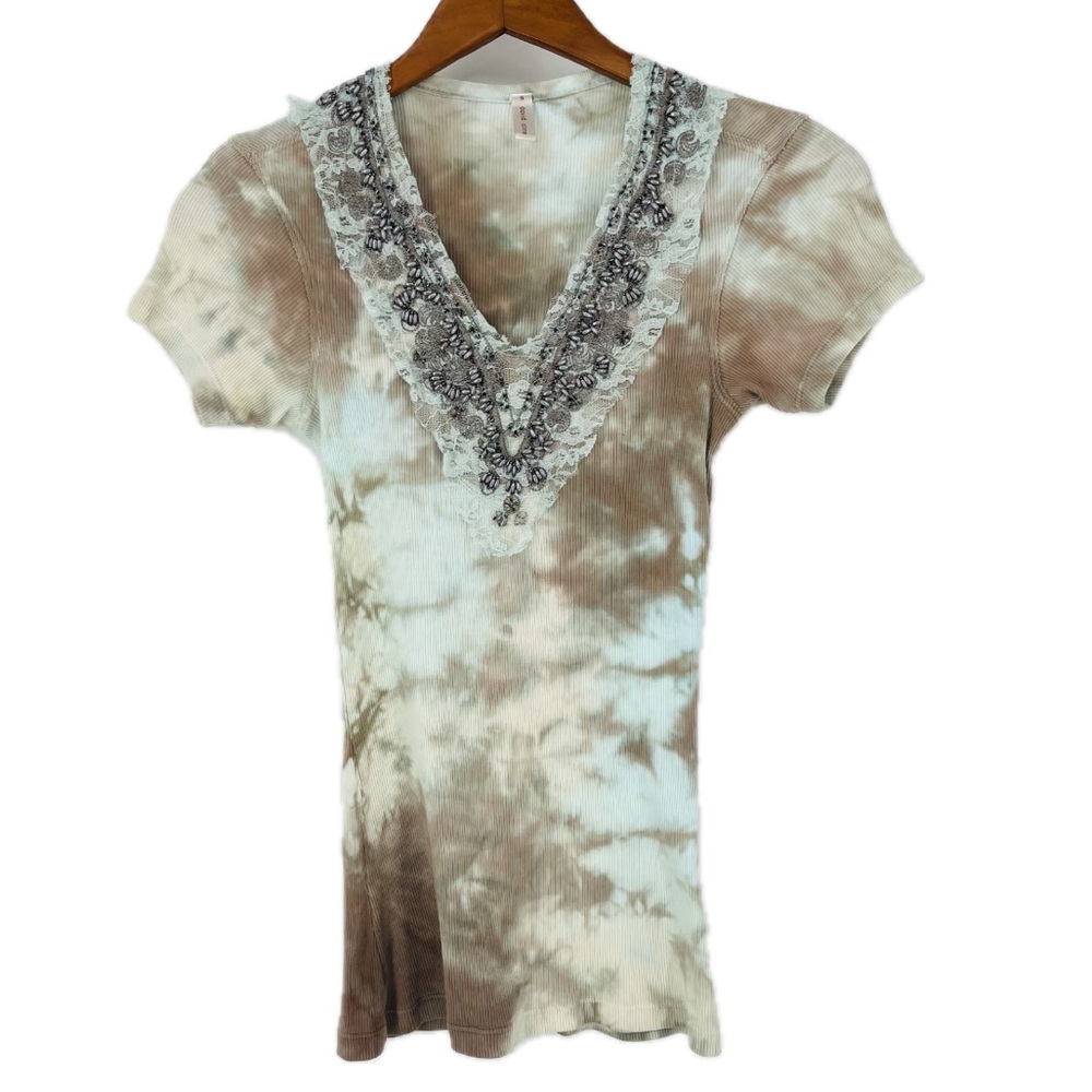 ✨Y2K Mermaidcore Fairycore Coquette V Neck Ribbed Lace Trim Tie Dye Beaded T Top